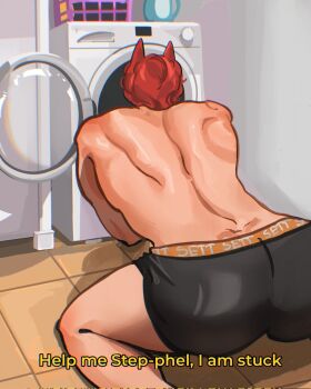 1boy animal_ears ass ass_focus cat_ears english_text highres implied_yaoi league_of_legends male_ass male_focus male_underwear manly mature_male muscular muscular_male red_hair sett_(league_of_legends) short_hair solo stuck stuck_in_object topless_male underwear upper_body washing_machine yamicamimomo yellow_eyes