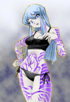 1girl arm_tattoo bikini black_bikini blue_eyes blue_hair blue_lips blush breasts cleavage colored_skin commentary_request devil_summoner:_soul_hackers devil_summoner_(series) eyelashes grey_skin hand_on_own_hip leg_tattoo lipstick long_hair makeup navel neck_tattoo nemissa onnaski open_mouth smile solo standing stomach_tattoo swimsuit tattoo