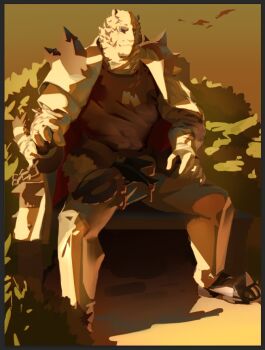 1boy animal_ears arknights bara bird black_tank_top chain chain_necklace commentary_request dog_tags dwuwuwuwu facial_hair full_body furry furry_male goatee jacket jacket_on_shoulders jewelry looking_at_viewer male_focus mountain_(arknights) muscular muscular_male necklace pants pectorals scar scar_across_eye scar_on_face short_hair shoulder_spikes sitting solo spikes sunset tail tank_top tiger_boy tiger_ears tiger_stripes tiger_tail white_fur white_hair white_pants