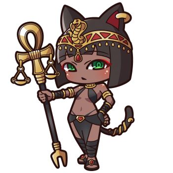 1girl absurdres ancient_egyptian_clothes animal_ears ankh balance_scale bare_shoulders black_hair black_sandals blush breasts bridal_gauntlets cat_ears cat_girl cat_tail chibi closed_mouth commentary_request dark-skinned_female dark_skin ear_piercing full_body green_eyes hand_on_own_hip highres holding looking_at_viewer navel original piercing saishosaisekojo sandals simple_background small_breasts solo tail weighing_scale white_background