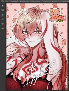 Rule 34 | 1girl, alannamiaw, arm tattoo, arm up, armpits, art program in frame, blonde hair, bra, breast tattoo, breasts, character name, cleavage, closed mouth, commentary, facial tattoo, fingernails, genderswap, genderswap (mtf), hair between eyes, hand in own hair, highres, honkai: star rail, honkai (series), large breasts, long fingernails, long hair, looking at viewer, mydei (honkai: star rail), neck tattoo, pink background, red bra, red tattoo, solo, symbol-only commentary, tattoo, underwear, yellow eyes