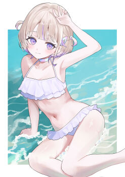 1girl absurdres arm_up bikini bikini_skirt blonde_hair border breasts choker commentary_request frilled_bikini frills highres hololive hololive_dev_is looking_at_viewer multicolored_hair navel purple_bikini purple_choker purple_eyes purple_hair shirakabamoga short_hair small_breasts solo stomach streaked_hair swimsuit todoroki_hajime virtual_youtuber white_border