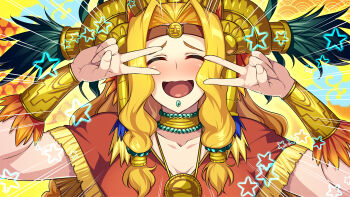 1girl 846-gou aztec blonde_hair blush bracer breasts collar collarbone commentary_request double_v emotional_engine_-_full_drive face_piercing fate/grand_order fate_(series) feathers hands_up headband headdress highres jewelry labret_piercing large_breasts long_hair metal_collar necklace open_mouth parody parted_bangs pendant piercing poncho quetzalcoatl_(fate) revision sidelocks smile solo star_(symbol) sunburst sunburst_background v yellow_background