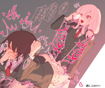 1boy 1futa anal artist_name blazer blush bottomless bright_pupils brown_hair censored clothed_sex collared_shirt cum cum_in_ass cum_on_ass cum_on_body cum_overflow futa_with_male futa_with_male futanari green_jacket heart heart-shaped_pupils invisible_wall jacket japanese_text male_penetrated medium_hair mirin_chikuwa mosaic_censoring multitasking necktie open_mouth original penis pink_eyes pink_hair red_necktie school_uniform sex sex_from_behind shirt short_hair sidelocks speech_bubble sweat symbol-shaped_pupils translated white_pupils white_shirt