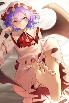1girl absurdres ascot barefoot bat_wings dress hat highres jewelry kodouirasto looking_at_viewer lying mob_cap purple_eyes purple_hair red_ascot red_nails remilia_scarlet short_hair smile solo thigh_strap toes touhou white_dress wings