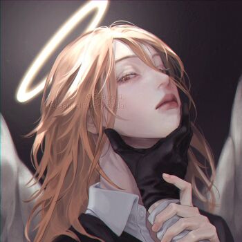 2boys angel angel_devil_(chainsaw_man) angel_wings black_gloves bluesky_username chainsaw_man collared_shirt commentary_request eyelashes fingernails gloves hair_between_eyes halo highres korean_commentary lips long_hair looking_at_viewer male_focus multiple_boys nose out_of_frame seagnalis shirt traditional_halo twitter_username white_shirt white_wings wings yaoi