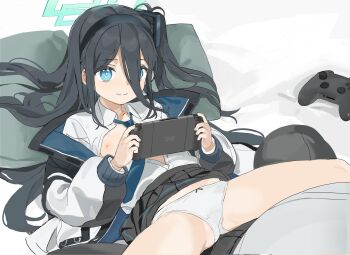 1boy 1girl aqua_halo aris_(blue_archive) black_hair black_hairband black_skirt blue_archive closed_mouth commentary_request controller flat_chest game_controller hair_between_eyes hairband halo handheld_game_console hetero highres holding holding_handheld_game_console loli nipples panties skirt smile solo_focus spread_legs thighs underwear white_panties yuki_hotaru