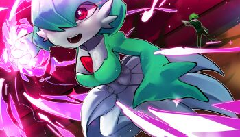 1boy 1girl arm_up bob_cut breasts cleavage clenched_hand collarbone colored_skin dutch_angle energy eye_trail fewer_digits gardevoir gen_3_pokemon glowing green_hair green_skin hair_over_one_eye jumping large_breasts light_trail looking_afar multicolored_skin nintendo one_eye_covered open_mouth original outline over_flow99 partial_humanization pokemon pokemon_(creature) powering_up red_eyes short_hair solo_focus teeth two-tone_skin white_outline white_skin
