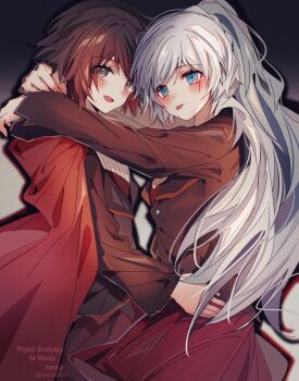 2girls akane031 arms_behind_head artist_name blue_eyes blush cape gradient_hair grey_eyes highres holding long_hair multicolored_hair multiple_girls red_hair ruby_rose rwby scar scar_across_eye scar_on_face school_uniform short_hair tongue tongue_out weiss_schnee white_hair yuri