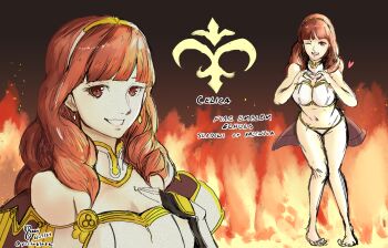 Rule 34 | 1girl, alternate costume, armor, bare legs, breastplate, celica (fire emblem), choker, earrings, fingerless gloves, fire, fire emblem, fire emblem echoes: shadows of valentia, gloves, heart, heart hands, highres, jewelry, kaen (yoltablaze), long hair, navel, nintendo, one eye closed, princess, red eyes, red hair, smile, stomach, swimsuit, tiara, white armor