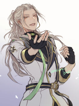 Rule 34 | 1boy, bad id, bad pixiv id, belt, belt collar, black belt, black gloves, black shirt, coat, collar, curtained hair, dated, earrings, ensemble stars!, fingerless gloves, gloves, grey background, grey hair, headset, highres, jewelry, long hair, male focus, music, open mouth, orange eyes, ran nagisa, shirt, shoden, singing, single earring, solo, three-quarter sleeves, undershirt, upper body, wallet chain, white coat