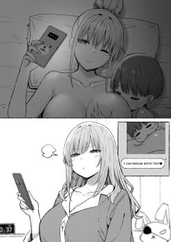 1boy 1girl 2girls age_difference barefoot blunt_bangs blush bra bra_lift breasts cleavage clock closed_eyes closed_mouth clothes_lift collarbone commentary_request dutch_angle erection grabbing_another&#039;s_breast greyscale groping hair_bun hanging_breasts hetero highres hime_cut hinano_(sky-freedom) holding holding_phone huge_breasts indoors kaori_(sky-freedom) large_breasts leaning_forward long_hair lying monochrome multiple_girls nude on_back one_eye_closed onee-shota original pajamas phone pillow short_hair shota shota-kun_(sky-freedom) single_hair_bun sky-freedom smile stuffed_animal stuffed_rabbit stuffed_toy translated underwear
