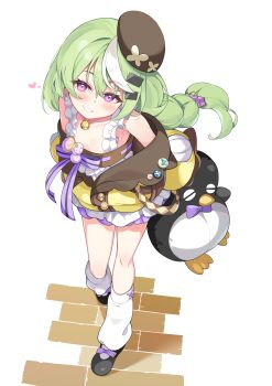 1girl absurdres badge bare_shoulders bell beret black_shoes blush braid breasts brown_hat brown_jacket button_badge collarbone commentary dress frilled_dress frills from_above full_body green_hair grin hat head_tilt highres jacket jingle_bell looking_at_viewer loose_socks low_twin_braids multicolored_hair nazuna_(stella_sora) neck_bell off_shoulder purple_eyes sacha shoes small_breasts smile socks solo standing stella_sora streaked_hair stuffed_animal stuffed_penguin stuffed_toy twin_braids two-tone_hair white_dress white_hair white_socks yellow_jacket