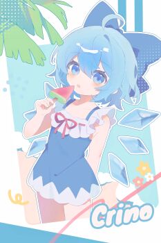 absurdres blue_dress blue_hair bow cirno dress food highres holding holding_food ice ice_wings misakiii popsicle red_bow short_hair simple_background smile solo summer swimsuit touhou wings
