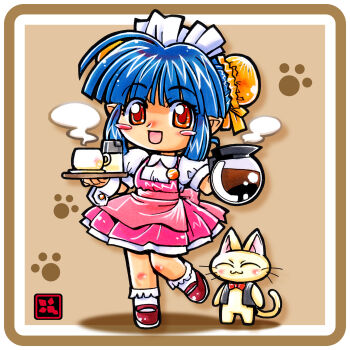 1girl absurdres animal apron back_bow badge black_vest blue_hair bow bowtie brown_shoes bun_cover cat chibi chibi_only closed_eyes closed_mouth clothed_animal coffee_mug coffee_pot commentary crime_crackers cup double_bun dress full_body furry hair_bun hands_up highres holding holding_tray kokomahi looking_at_viewer maid_headdress mary_janes mug open_mouth orange_eyes paw_print pinafore_dress pink_apron pink_bow pink_dress pointy_ears puffy_short_sleeves puffy_sleeves red_bow red_bowtie saucer shirt shoes short_hair short_sleeves sleeveless sleeveless_dress smile socks standing standing_on_one_leg steam tray vest waist_apron waitress wendy_wilkinson white_shirt white_socks wrist_cuffs