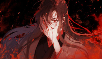 1boy 913535338 absurdres bishounen black_background black_hair black_hanfu bleeding blood blood_on_face blood_on_hands bloody_tears brown_hair burning chinese_clothes coat covering_own_mouth embers eyelashes fire floating_hair grey_coat hair_down hair_ribbon half_updo hand_on_own_face hand_up hanfu highres long_hair long_sleeves looking_at_viewer male_focus modao_zushi official_alternate_costume official_alternate_hairstyle open_clothes open_coat red_eyes red_ribbon red_theme ribbon robe sidelocks solo upper_body wei_wuxian wei_wuxian_(yiling_laozu) wide_sleeves