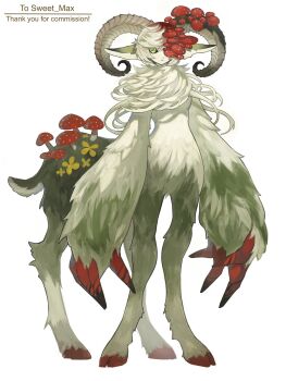 1girl animal_ears arms_at_sides black_sclera blonde_hair centauroid claws colored_sclera commentary commission english_commentary english_text fly_agaric fur goat_ears goat_girl goat_horns goat_tail gradient_hair green_eyes highres hooves horizontal_pupils horns monster_girl multicolored_hair mushroom neck_fur one_eye_covered original oversized_forearms oversized_limbs red_hair ruteko_(ruko220) short_hair skeb_commission solo standing tail taur two-tone_hair white_background