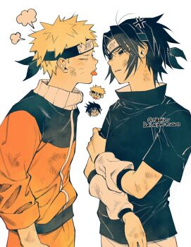 2boys anger_vein black_hair blonde_hair closed_eyes commentary_request cowboy_shot dirty dirty_clothes facial_mark forehead_protector highres konohagakure_symbol korean_commentary looking_at_another male_focus multiple_boys naruto_(series) nyakv_v parted_lips short_hair simple_background spiked_hair spoken_anger_vein teeth twitter_username uchiha_sasuke uzumaki_naruto white_background