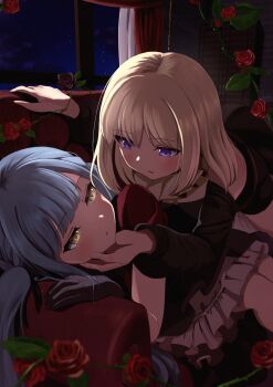 2girls absurdres bang_dream! bang_dream!_it's_mygo!!!!! black_dress black_gloves blonde_hair blue_hair blush commentary_request doloris_(bang_dream!) dress flower gloves hand_on_another's_cheek hand_on_another's_face highres long_hair long_sleeves medium_hair misumi_uika multiple_girls nanafuku oblivionis_(bang_dream!) open_mouth purple_eyes red_flower red_rose rose togawa_sakiko yellow_eyes yuri