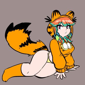 1girl animal_ears bottomless cat_ears cat_tail garfield garfield_(character) grey_background highres hololive hololive_english hood hood_up no_pants panties peagade simple_background socks solo tail takanashi_kiara underwear virtual_youtuber