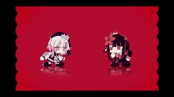 2girls animated chibi confrontation crown dress fuukadia_(narcolepsy) hat mahou_shoujo_no_majo_saiban multiple_girls nikaido_hiro parody recurring_image red_background sakuraba_ema tagme video