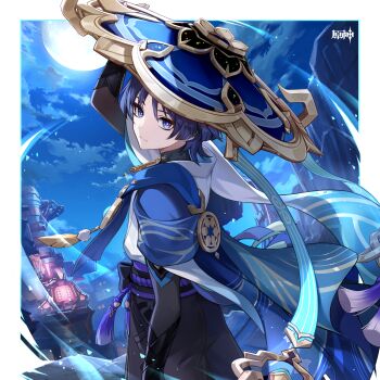 1boy absurdres arm_up blue_eyes blue_hair chinese_commentary commentary_request genshin_impact highres looking_at_viewer male_focus moon night official_art outdoors scaramouche_(genshin_impact) shirt short_hair solo standing wanderer_(genshin_impact) white_shirt