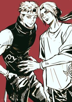 2boys commentary curtained_hair english_commentary greyscale_with_colored_background hand_in_pocket high_collar highres large_hands long_hair looking_at_viewer male_focus momoyoru1 multiple_boys nail_polish naruto_(series) naruto_shippuuden ponytail red_background shirt short_hair sideburns simple_background smile uchiha_itachi uchiha_shisui xiangyun