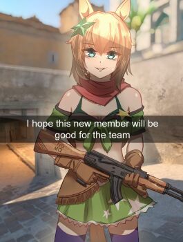 1girl absurdres ak-47 animal_ears armband assault_rifle bandana bandeau bare_shoulders blue_eyes breasts brown_gloves brown_hair cleavage counter-strike_(series) gloves green_armband green_bandeau green_skirt gun hair_between_eyes hair_ornament highres holding holding_gun holding_weapon horse_ears horse_girl horse_tail kalashnikov_rifle large_breasts long_hair looking_at_viewer midriff ngmq parted_lips ponytail purple_thighhighs red_bandana rifle skirt smile snapchat solo star_(symbol) star_hair_ornament taiki_shuttle_(umamusume) taiki_shuttle_(wild_frontier)_(umamusume) tail thighhighs umamusume weapon