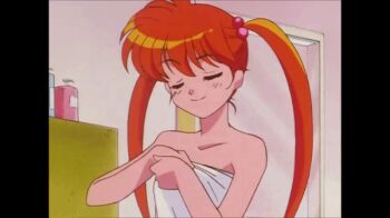 animated animated_gif armpits ass ass_shake bare_legs bath bathroom blue_eyes blush child elementary_school_age happy hell_teacher_nube inaba_kyouko jigoku_sensei_nube legs loli long_hair long_twintails official_art orange_hair shounen_jump signing smile toei_company towel twintails untied_hair