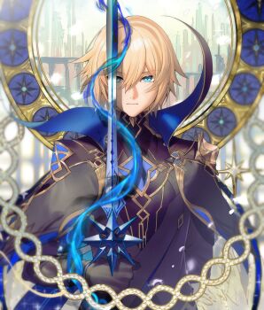 1boy absurdres arm_up black_cape black_gloves black_shirt blonde_hair blue_cape blue_eyes cape closed_mouth collared_shirt commentary_request dainsleif_(genshin_impact) double-parted_bangs genshin_impact gloves gold_trim hair_between_eyes highres holding holding_sword holding_weapon looking_at_viewer male_focus moemoenomori mystical_high_collar shirt short_hair solo sword two-sided_cape two-sided_fabric upper_body weapon