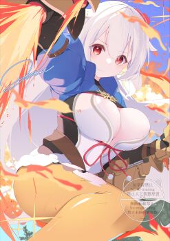 1girl absurdres blue_shrug breasts cleavage closed_mouth commentary_request day fire fuyuka_(stella_sora) highres jam_(jamjam777) large_breasts leotard looking_at_viewer pantyhose power_fist puffy_short_sleeves puffy_sleeves pyrokinesis red_eyes short_sleeves shrug_(clothing) signature smile solo stella_sora torn_clothes torn_pantyhose v-shaped_eyebrows watermark white_hair white_leotard yellow_pantyhose