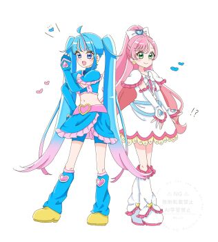 !? 2girls 2v_iil3 :d ahoge arm_warmers asymmetrical_bangs belt bike_shorts bike_shorts_under_skirt blue_arm_warmers blue_gloves blue_leg_warmers blue_shorts blue_skirt bow buckle chest_bow clenched_hand closed_mouth commentary cosplay crop_top cure_black cure_black_(cosplay) cure_prism cure_sky cure_white cure_white_(cosplay) cut_bangs dress earrings fingerless_gloves frilled_arm_warmers frilled_dress frilled_skirt frilled_sleeves frills full_body futari_wa_precure gloves gradient_hair green_eyes hair_bow hair_ornament half_updo hand_up heart heart_ahoge heart_earrings heart_hair_ornament high_ponytail highres hirogaru_sky!_precure in-franchise_crossover jewelry leg_warmers long_hair looking_at_viewer magical_girl midriff multicolored_hair multiple_girls navel nijigaoka_mashiro notice_lines open_mouth pink_belt pink_hair ponytail precure shoes short_dress short_sleeves shorts side-by-side simple_background single_hair_streak single_sidelock skirt smile sora_harewataru standing streaked_hair swept_bangs twintails two-tone_hair very_long_hair watermark white_arm_warmers white_background white_bow white_dress white_leg_warmers white_shoes yellow_shoes