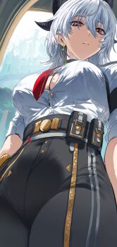 1girl absurdres belt black_horns black_pants breasts button_gap closed_mouth covered_navel cowboy_shot curled_horns earrings from_below frown hair_between_eyes hews high-waist_pants highres horns jewelry key_earrings large_breasts looking_at_viewer medium_hair mole mole_on_breast mole_under_eye necktie pants pouch red_eyes red_necktie shirt shirt_tucked_in simple_background sleeves_rolled_up solo standing taut_clothes tight_clothes tight_pants white_background white_shirt wuthering_waves zani_(wuthering_waves)