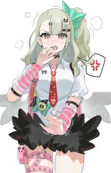 1girl absurdres anger_vein bandaid bandaid_hair_ornament black_skirt blush chinatsu_remiel collarbone cowboy_shot earrings fur-trimmed_skirt fur_trim green_eyes green_hair hair_ornament heart heart_hair_ornament highres jewelry looking_at_viewer multicolored_eyes multiple_hair_clips multiple_thigh_straps musical_note_earrings necktie open_mouth orange_eyes ouichi pink_arm_warmers pink_bag ponytail red_necktie shirt simple_background skirt solo spoken_anger_vein striped_arm_warmers sweat thigh_strap trembling v-shaped_eyebrows white_background white_shirt white_wings winged_bag wings zenless_zone_zero