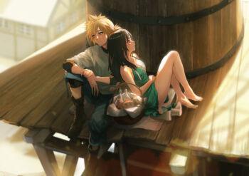 1boy 1girl absurdres aged_down aqua_dress bare_legs bare_shoulders barefoot black_hair blonde_hair blue_eyes blue_shorts blurry blurry_background boots breasts building cleavage cloud_strife commentary dress elbow_rest english_commentary final_fantasy final_fantasy_vii final_fantasy_vii_remake full_body hetero highres house knee_up knees_up leaning_on_person light_blush long_hair looking_up low_ponytail nibelheim outdoors picnic_basket ponytail red_eyes sandals shorts sitting sleeveless sleeveless_dress smile spiked_hair spykeee sundress tifa_lockhart unworn_sandals water_tank water_tower