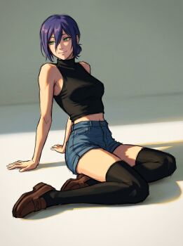 Rule 34 | 1girl, absurdres, black shirt, breasts, chainsaw man, commentary, floor, full body, green eyes, hair between eyes, hair bun, highres, looking to the side, midriff peek, purple hair, reze (chainsaw man), shirt, shoes, short hair, shorts, simple background, single hair bun, sitting, sleeveless, small breasts, smile, thighhighs, zettai ryouiki