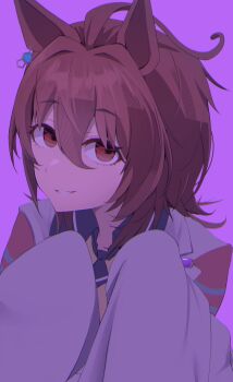 1girl absurdres agnes_tachyon_(umamusume) ahoge animal_ears black_necktie black_shirt chemical_structure coat collared_shirt commentary_request ear_ornament earrings grin hair_between_eyes hair_intakes highres holding holding_syringe horse_ears huge_ahoge jewelry lab_coat long_sleeves looking_at_viewer necktie parted_lips purple_background red_eyes sei_(bigaa) shirt short_necktie simple_background single_earring sleeves_past_fingers sleeves_past_wrists smile solo syringe umamusume white_coat