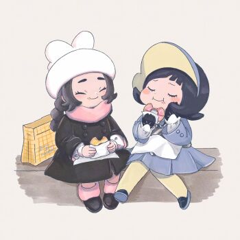Rule 34 | 2girls, ansha (pokemon), black coat, black gloves, black hair, blush, blush stickers, braid, closed eyes, closed mouth, coat, commentary, donut, dress, eating, food, gloves, grey bonnet, grey dress, hat, highres, holding, holding donut, holding food, leg warmers, long hair, long sleeves, multiple girls, nintendo, omochi (aoi guruguru), pantyhose, pink leg warmers, pink scarf, pokemon, pokemon legends: z-a, pokemon sv, poppy (pokemon), scarf, shoes, short hair, smile, symbol-only commentary, visor cap, white hat, winter clothes, winter coat, yellow pantyhose