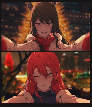 2girls 2koma :i black_border black_hair black_sweater blue_hair blue_horns blurry blurry_background blush border brown_coat cheek_squash city_lights cityscape closed_mouth coat colored_inner_hair comic cyanillust elizabeth_rose_bloodflame fur_trim gloves hair_between_eyes hands_on_another's_cheeks hands_on_another's_face highres hololive hololive_english horns long_hair long_sleeves looking_at_viewer meme multicolored_hair multiple_girls nerissa_ravencroft night one_eye_closed open_mouth outdoors photo_background portrait pov_cheek_warming_(meme) red_eyes red_gloves red_hair red_scarf scarf smile sweater teeth turtleneck turtleneck_sweater two-tone_hair upper_teeth_only virtual_youtuber