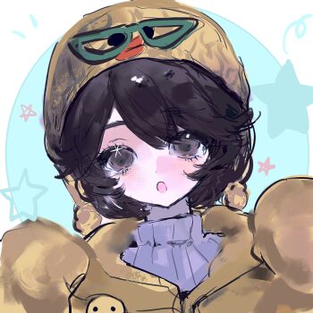 Rule 34 | 1girl, :o, bird, blue background, brown eyes, brown hair, chinese commentary, commentary request, duck, hat, highres, identity v, jacket, knit hat, littleoowlet, looking at viewer, open mouth, parted bangs, pom pom (clothes), portrait, shirt, short hair, sleeves past fingers, sleeves past wrists, solo, sparkle, star (symbol), tracy reznik, tracy reznik (sally), turtleneck, two-tone background, white background, white shirt, yellow hat, yellow jacket