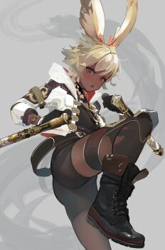 1girl absurdres animal_ears ass bike_shorts black_boots black_gloves blonde_hair boots commentary commission dark-skinned_female dark_skin english_commentary fighting_stance final_fantasy final_fantasy_xiv glasses gloves grey_background highres hood hooded_jacket jacket monk monk_(final_fantasy) muscular muscular_female open_clothes open_jacket polilla rabbit_ears simple_background tonfa very_dark_skin viera warrior_of_light_(ff14) weapon