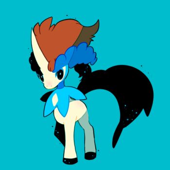 Rule 34 | black eyes, blue background, commentary request, gen 5 pokemon, horns, keldeo, keldeo (ordinary), legendary pokemon, lowres, mm (miryii), mythical pokemon, nintendo, no humans, orange hair, pokemon, pokemon (creature), pokemon focus, simple background, single horn, solo, standing, unicorn