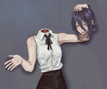 1girl black_hair black_ribbon black_shorts chainsaw_man green_eyes grey_background hair_between_eyes highres holding_detached_head neck_ribbon pagansp1der reze_(chainsaw_man) ribbon severed_head shirt shirt_tucked_in shorts sleeveless sleeveless_shirt solo tongue tongue_out white_shirt