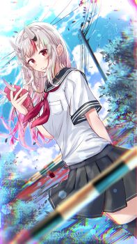 1girl absurdres alternate_costume black_sailor_collar black_thighhighs closed_mouth commentary gradient_hair grey_hair highres holding holding_mask hololive horns long_hair looking_at_viewer mask multicolored_hair nakiri_ayame neckerchief oni_mask outdoors red_eyes red_hair red_neckerchief red_streaks sailor_collar school_uniform shirt skin-covered_horns solo streaked_hair thighhighs u_da_desu virtual_youtuber white_shirt