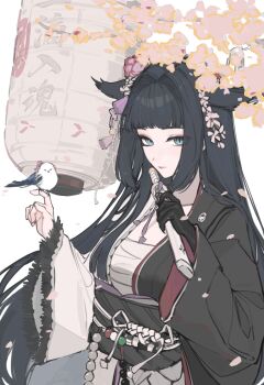 1girl absurdres arknights beads bird bird_on_hand black_gloves black_hair black_sash blunt_bangs commentary dagger gloves green_eyes hair_intakes head_wings highres holding holding_dagger holding_knife holding_weapon jewelry knife lantern leria_v long_hair looking_at_viewer mio_(arknights) obi obiage obijime paper_lantern sash sheath sheathed sidelocks single_glove smile solo sword wakizashi weapon wide_sleeves wings