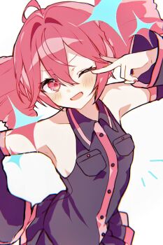 1girl ;d ahoge bare_shoulders black_shirt black_skirt black_sleeves breast_pocket collared_shirt detached_sleeves double-parted_bangs drill_hair fingernails hair_between_eyes hand_on_own_hip highres kasane_teto kasane_teto_(utau) mayoi_reu miniskirt nail_polish one_eye_closed open_mouth pocket red_eyes red_hair red_nails red_trim shirt skirt sleeveless sleeveless_shirt smile twin_drills utau v v-shaped_eyebrows v_over_eye