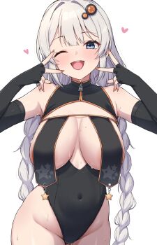 1girl ;d areola_slip black_gloves black_leotard blue_eyes blush braid breast_curtains breast_cutout breasts commentary_request covered_navel double_v elbow_gloves fingerless_gloves gloves grey_hair hair_ornament heart highres kizuna_akari leotard long_hair looking_at_viewer mole mole_on_breast nail_polish one_eye_closed open_mouth orange_nails shun_(b.c) simple_background smile solo standing sweat teeth thighs tongue twin_braids upper_teeth_only v very_long_hair voiceroid white_background zipper