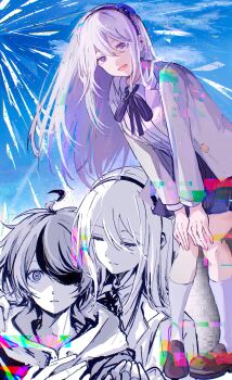 Rule 34 | 1boy, 1girl, :d, ahoge, black hairband, black skirt, blue background, blue eyes, closed eyes, collared shirt, commentary, english commentary, glitch, hairband, hand on another's shoulder, hands on own knees, highres, hood, hoodie, jacket, jacket over hoodie, kashimiya karua, leaning forward, long hair, long sleeves, looking at viewer, mero (merope hika), mixed-language commentary, multicolored hair, multiple views, open clothes, open jacket, open mouth, parted lips, partially colored, purple eyes, shirt, short hair, skirt, smile, socks, streaked hair, sumino takumi, the hundred line -last defense academy-, white hair, white jacket, white shirt, white socks