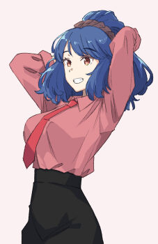 Rule 34 | 1girl, alternate costume, arms behind head, black skirt, blue hair, breasts, collared shirt, commentary request, grin, highres, jack (wkm74959), large breasts, long sleeves, medium hair, necktie, one-hour drawing challenge, parted lips, red eyes, red necktie, red shirt, shirt, skirt, smile, solo, teeth, touhou, yasaka kanako