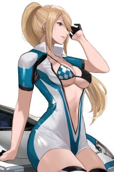 1girl alternate_costume bikini bikini_top_only black_gloves blonde_hair blue_eyes bodysuit breasts car eyebrows_hidden_by_hair floating_hair from_side gloves half_gloves highres j@ck lamborghini lamborghini_aventador large_breasts long_hair metroid motor_vehicle navel nintendo on_car parted_lips ponytail race_queen race_vehicle samus_aran sidelocks simple_background sitting solo swimsuit thighhighs white_background